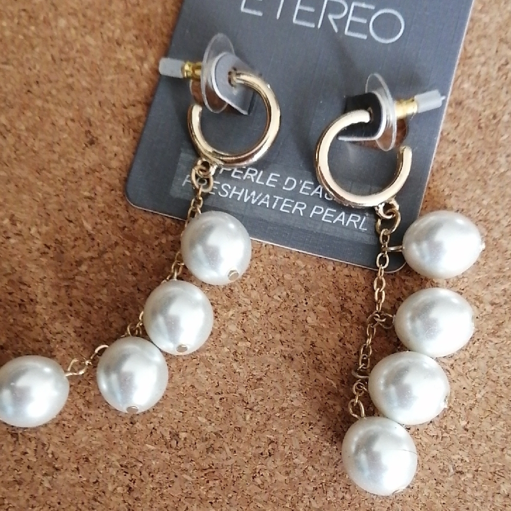 Etereo. Gold and Fresh Water White Pearl Dangle Earrings . New
